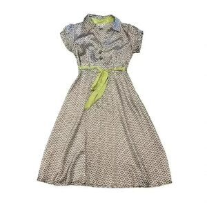 Robbie Bee Women's White/Brown/Lime Green Poly Satin A-Line Short Sleeve Button
